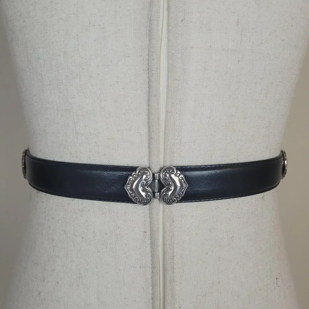 Fossil Belt Small Black Leather‎ Heart Concho Engraved Western Boho Cowgirl Boho